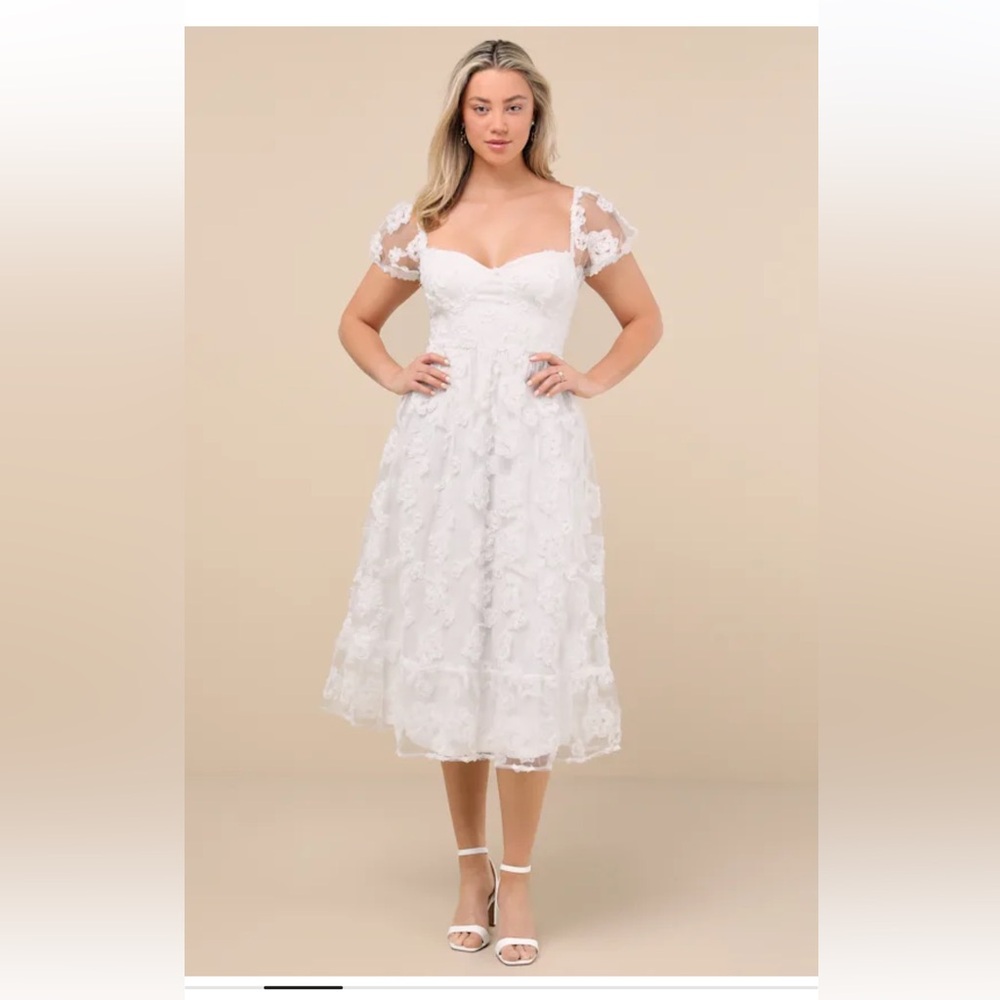 Lulus White Lace Midi Dress NWT L Bridal Shower Wedding Guest Bustier Floral